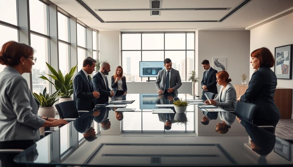 A modern banking office interior showcasing the concept of financial services. In the foreground, a diverse group of professionals dressed in business attire engages in discussion around a sleek, glass conference table, displaying laptops and financial documents. The middle layer features large windows revealing a city skyline, while elegant potted plants add a touch of greenery. The background includes a minimalist reception area with a digital information display and artwork. Soft, natural lighting filters through the windows, creating a warm and inviting atmosphere. The image is sharply focused, captured with a Sony A7R IV at 70mm, using a polarized filter to enhance clarity and color vibrancy, emphasizing the professionalism and importance of banking services in the economy.
