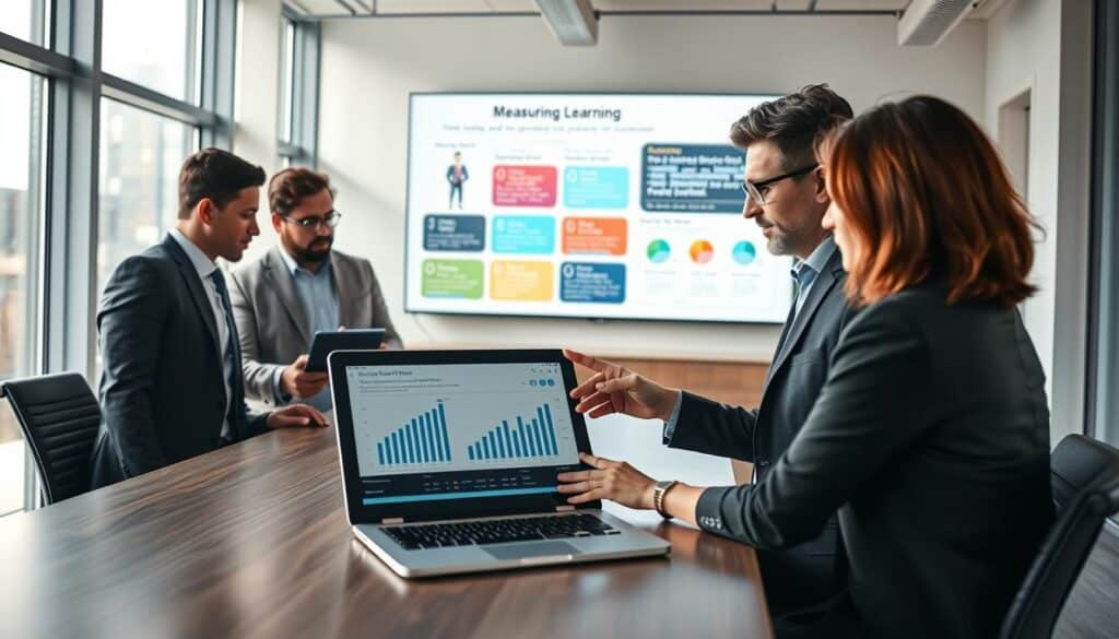A modern business meeting setting focused on measuring learning processes. In the foreground, a diverse group of three professionals—two men and a woman—are analyzing data on a digital tablet, dressed in professional attire. The middle ground features a sleek conference table with a laptop open displaying graphs and metrics related to learning outcomes. In the background, a large screen shows a colorful infographic about learning and performance measurements. The atmosphere is bright and collaborative, with natural light pouring in through large windows, illuminating the space. Shot on a Sony A7R IV at 70mm, the image is clearly focused with sharply defined features, enhanced by a polarized filter that adds vibrancy to the scene. A modern business meeting setting focused on measuring learning processes. In the foreground, a diverse group of three professionals—two men and a woman—are analyzing data on a digital tablet, dressed in professional attire. The middle ground features a sleek conference table with a laptop open displaying graphs and metrics related to learning outcomes. In the background, a large screen shows a colorful infographic about learning and performance measurements. The atmosphere is bright and collaborative, with natural light pouring in through large windows, illuminating the space. Shot on a Sony A7R IV at 70mm, the image is clearly focused with sharply defined features, enhanced by a polarized filter that adds vibrancy to the scene.