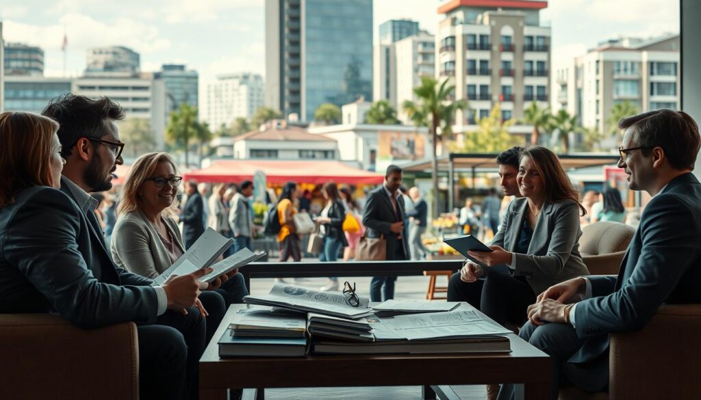 A modern cityscape illustrating the concept of "soziale Marktwirtschaft" with foreground elements such as diverse business professionals in smart casual attire discussing ideas over a coffee table filled with economic reports. In the middle ground, a vibrant market scene with families shopping, reflecting healthy economic activity and community engagement. The background features a blend of contemporary buildings and green spaces, symbolizing sustainable development. Soft, natural lighting filtered through a polarized lens enhances clarity and contrast. The overall atmosphere is energetic and optimistic, capturing the harmony between economic freedom and social responsibility, with a clear focus and sharp definition, shot with a Sony A7R IV at 70mm. A modern cityscape illustrating the concept of "soziale Marktwirtschaft" with foreground elements such as diverse business professionals in smart casual attire discussing ideas over a coffee table filled with economic reports. In the middle ground, a vibrant market scene with families shopping, reflecting healthy economic activity and community engagement. The background features a blend of contemporary buildings and green spaces, symbolizing sustainable development. Soft, natural lighting filtered through a polarized lens enhances clarity and contrast. The overall atmosphere is energetic and optimistic, capturing the harmony between economic freedom and social responsibility, with a clear focus and sharp definition, shot with a Sony A7R IV at 70mm.