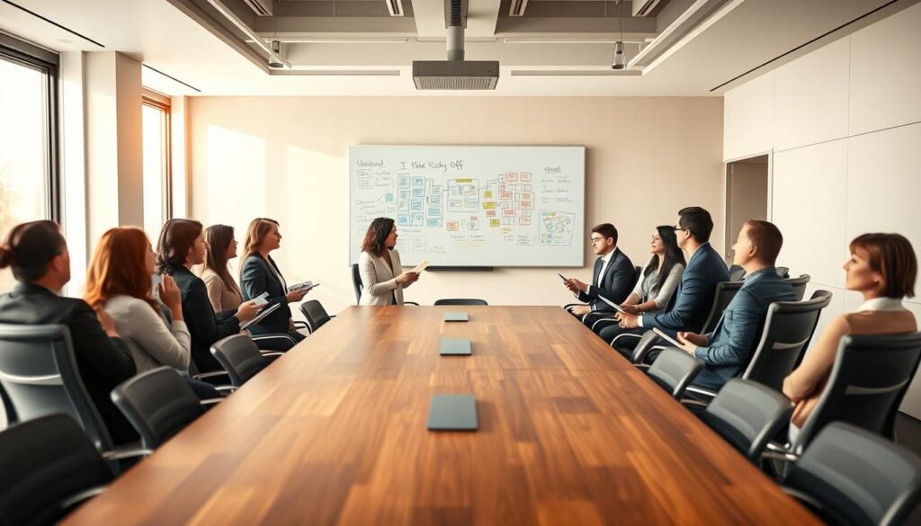 A modern conference room set up for a kick-off meeting, showcasing a large wooden table surrounded by sleek, ergonomic chairs. In the foreground, a diverse group of professionals in business attire engage in discussion, each holding notepads or digital devices, suggesting collaboration and enthusiasm. The middle ground features a large whiteboard filled with colorful diagrams and notes, emphasizing the importance of planning. The background includes floor-to-ceiling windows allowing natural light to flood the space, casting soft shadows and creating an inviting atmosphere. Shot on a Sony A7R IV at 70mm, with a polarized filter for enhanced clarity and colors, the scene conveys a sense of professionalism and excitement, ideal for a successful project launch. A modern conference room set up for a kick-off meeting, showcasing a large wooden table surrounded by sleek, ergonomic chairs. In the foreground, a diverse group of professionals in business attire engage in discussion, each holding notepads or digital devices, suggesting collaboration and enthusiasm. The middle ground features a large whiteboard filled with colorful diagrams and notes, emphasizing the importance of planning. The background includes floor-to-ceiling windows allowing natural light to flood the space, casting soft shadows and creating an inviting atmosphere. Shot on a Sony A7R IV at 70mm, with a polarized filter for enhanced clarity and colors, the scene conveys a sense of professionalism and excitement, ideal for a successful project launch.