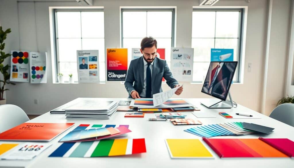 A modern corporate design system workspace, featuring a vibrant color palette on a sleek, minimalist table loaded with design tools like color swatches, typography samples, and digital screens displaying brand elements. In the foreground, a professional designer in smart casual attire is engaged in analyzing design mock-ups, providing a dynamic focus to the scene. The middle ground showcases several design posters pinned to a wall, highlighting various brand elements and guidelines. The background includes large windows allowing natural light to flood the room, creating a bright and inspiring atmosphere. Shot with a Sony A7R IV at 70mm, the image is sharply defined with a polarized filter, emphasizing clarity and professionalism in the setting, while conveying a collaborative and innovative mood. A modern corporate design system workspace, featuring a vibrant color palette on a sleek, minimalist table loaded with design tools like color swatches, typography samples, and digital screens displaying brand elements. In the foreground, a professional designer in smart casual attire is engaged in analyzing design mock-ups, providing a dynamic focus to the scene. The middle ground showcases several design posters pinned to a wall, highlighting various brand elements and guidelines. The background includes large windows allowing natural light to flood the room, creating a bright and inspiring atmosphere. Shot with a Sony A7R IV at 70mm, the image is sharply defined with a polarized filter, emphasizing clarity and professionalism in the setting, while conveying a collaborative and innovative mood.