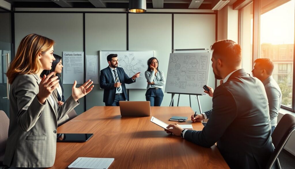 A modern corporate office environment, featuring a diverse group of professionals engaged in a collaborative discussion around a conference table. In the foreground, a woman in a tailored suit gestures animatedly, while a man in a smart casual outfit takes notes on a digital tablet. In the middle ground, other team members, including a person with a laptop and a colleague pointing at a whiteboard filled with ideas and brainstorming prompts, create an atmosphere of open communication and growth. The background shows large windows with natural light flooding in, casting soft shadows and creating a warm, inviting mood. Shot on a Sony A7R IV 70mm, the scene is sharply focused, with vibrant colors enhanced by a polarized filter, emphasizing the positive energy of a culture embracing learning from mistakes. A modern corporate office environment, featuring a diverse group of professionals engaged in a collaborative discussion around a conference table. In the foreground, a woman in a tailored suit gestures animatedly, while a man in a smart casual outfit takes notes on a digital tablet. In the middle ground, other team members, including a person with a laptop and a colleague pointing at a whiteboard filled with ideas and brainstorming prompts, create an atmosphere of open communication and growth. The background shows large windows with natural light flooding in, casting soft shadows and creating a warm, inviting mood. Shot on a Sony A7R IV 70mm, the scene is sharply focused, with vibrant colors enhanced by a polarized filter, emphasizing the positive energy of a culture embracing learning from mistakes.