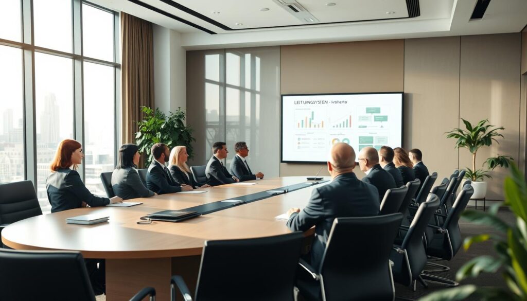 A modern corporate office environment illustrating the "Leitungssystem SE" concept, showing a sleek boardroom with a large oval table and high-backed chairs, focused on a professional discussion about corporate structure. In the foreground, a diverse group of business professionals in business attire engage in conversation, with charts and diagrams on a presentation screen behind them. The middle ground features a large window with city skyline views, allowing soft, natural light to illuminate the scene, creating a bright and inviting atmosphere. The background includes modern office decor and greenery for a fresh feel. Shot with a Sony A7R IV at 70mm, ensuring clarity and sharp definition, complemented by a polarized filter for enhanced contrast and detail. A modern corporate office environment illustrating the "Leitungssystem SE" concept, showing a sleek boardroom with a large oval table and high-backed chairs, focused on a professional discussion about corporate structure. In the foreground, a diverse group of business professionals in business attire engage in conversation, with charts and diagrams on a presentation screen behind them. The middle ground features a large window with city skyline views, allowing soft, natural light to illuminate the scene, creating a bright and inviting atmosphere. The background includes modern office decor and greenery for a fresh feel. Shot with a Sony A7R IV at 70mm, ensuring clarity and sharp definition, complemented by a polarized filter for enhanced contrast and detail.