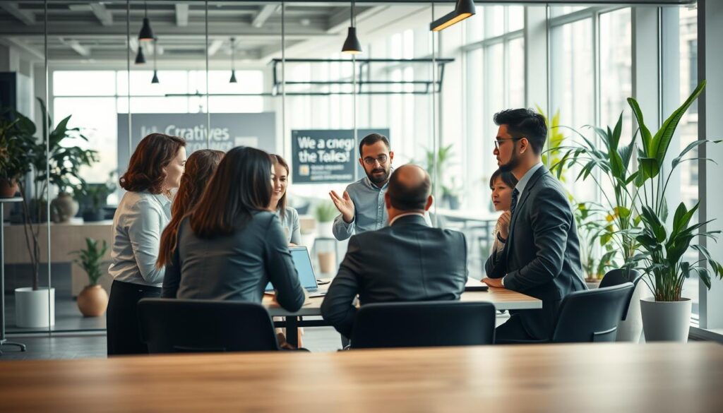 A modern corporate office interior showcasing the evolution of company culture. In the foreground, a diverse group of professionals in business attire engage in a collaborative discussion around a table, with one person gesturing passionately. In the middle ground, transparent glass walls reveal an open workspace filled with plants and creative signage, symbolizing innovation and adaptability. The background features large windows allowing natural light to flood the room, casting soft shadows and creating a warm atmosphere. The scene conveys a sense of openness and transformation, enhanced by the sharp focus and vivid colors, capturing the essence of modern workplace dynamics. Shot on Sony A7R IV with a 70mm lens, using a polarized filter for clarity and depth.