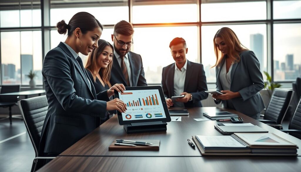 A modern corporate office setting showcasing the synergy of material and immaterial resources. In the foreground, a diverse group of business professionals in smart attire collaborate over a digital tablet, displaying graphs and data analytics, symbolizing knowledge sharing. The middle ground features a sleek conference table with practical resources like documents, laptops, and branded materials, hinting at the tangible aspects. In the background, large windows allow natural light to flood the space, highlighting an inspiring urban skyline, suggesting potential and growth. The scene captures a harmonious balance and teamwork, with a focus on clarity, emphasizing productivity and innovation. Shot on a Sony A7R IV at 70mm, the image is sharply defined and vividly colorful, creating a professional and optimistic atmosphere. A modern corporate office setting showcasing the synergy of material and immaterial resources. In the foreground, a diverse group of business professionals in smart attire collaborate over a digital tablet, displaying graphs and data analytics, symbolizing knowledge sharing. The middle ground features a sleek conference table with practical resources like documents, laptops, and branded materials, hinting at the tangible aspects. In the background, large windows allow natural light to flood the space, highlighting an inspiring urban skyline, suggesting potential and growth. The scene captures a harmonious balance and teamwork, with a focus on clarity, emphasizing productivity and innovation. Shot on a Sony A7R IV at 70mm, the image is sharply defined and vividly colorful, creating a professional and optimistic atmosphere.