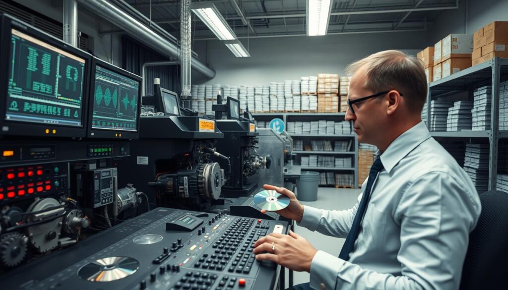 A modern digital production studio focused on CD-ROM manufacturing, showcasing the premastering process to the pressing stage. In the foreground, a skilled technician in professional business attire inspects a CD on a high-tech editor, with computer screens displaying complex data visuals. The middle layer features various machinery used for pressing and outputting CD-ROMs, with detailed gears and lights indicating activity. In the background, shelves are stocked with completed CD-ROMs and packaging materials. The scene is illuminated by bright, cold white lighting, creating a clean, focused atmosphere that emphasizes precision and technology. Captured with a Sony A7R IV at 70mm, the image is sharply defined with a polarized filter to enhance clarity, ensuring a professional, industrial feel.