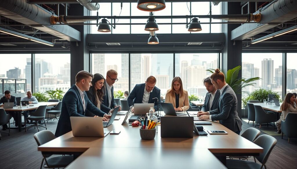 A modern, dynamic workspace illustrating agility and flexibility in the work environment. In the foreground, a diverse group of professionals, dressed in smart business attire, collaborate around a sleek, modular table filled with laptops and digital devices. In the middle ground, open spaces with movable walls and transparent glass partitions promote a sense of fluidity, while cozy breakout areas with greenery suggest a balance between work and wellness. The background features large windows with natural light streaming in, highlighting a vibrant, urban skyline. Shot on a Sony A7R IV 70mm lens with a polarized filter, providing sharp focus and defined details. The mood is energetic and inspiring, emphasizing a forward-thinking approach to work. A modern, dynamic workspace illustrating agility and flexibility in the work environment. In the foreground, a diverse group of professionals, dressed in smart business attire, collaborate around a sleek, modular table filled with laptops and digital devices. In the middle ground, open spaces with movable walls and transparent glass partitions promote a sense of fluidity, while cozy breakout areas with greenery suggest a balance between work and wellness. The background features large windows with natural light streaming in, highlighting a vibrant, urban skyline. Shot on a Sony A7R IV 70mm lens with a polarized filter, providing sharp focus and defined details. The mood is energetic and inspiring, emphasizing a forward-thinking approach to work.