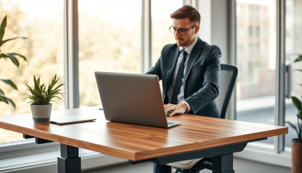 A modern ergonomic workspace featuring a height-adjustable desk in the foreground. The desk is sleek, made of natural wood, with a laptop, potted plant, and ergonomic chair positioned neatly. In the middle ground, a person in professional business attire is adjusting the desk height with a focused expression, illustrating user-friendly design and versatility. The background shows a bright, airy office environment with large windows letting in natural light, providing a sense of warmth and productivity. The photo is taken at a 70mm focal length using a Sony A7R IV, featuring sharp details and a polarized filter to enhance the vivid colors and textures. The mood is professional and inspiring, emphasizing the ergonomic advantages of the adjustable desk.
