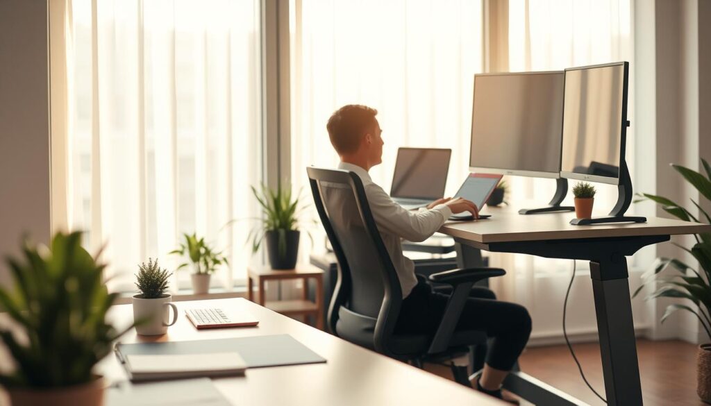 A modern ergonomic workspace featuring a well-arranged desk with an adjustable standing desk, an ergonomic chair, and a large monitor at eye level. The foreground includes a professional-looking person wearing business attire, sitting comfortably with proper posture, their hands poised on a keyboard. In the middle ground, there are plants for a calming effect, alongside essential office supplies like a notebook and a coffee mug. The background showcases a large window with soft natural light streaming in, creating a warm and inviting atmosphere. The scene is captured with a Sony A7R IV at 70mm, ensuring sharp focus and defined details, enhanced by a polarized filter to reduce glare. The overall mood is productive and health-conscious, emphasizing the importance of ergonomic design.