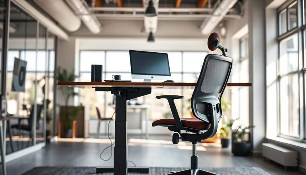 A modern, height-adjustable desk set in a bright, open office environment, showcasing its ergonomic features. In the foreground, the desk is displayed with an adjustable mechanism clearly visible, surrounded by a comfortable ergonomic chair designed for supportive seating. The middle layer features a well-lit workspace with a computer monitor at eye level, accessories like a keyboard and mouse ergonomically positioned for easy access. In the background, large windows allow natural light to flood the space, promoting a vibrant and productive atmosphere. The scene is captured with a Sony A7R IV at 70mm, ensuring clarity and sharpness, enhanced with a polarized filter for optimal color and contrast, evoking a professional and inviting mood.