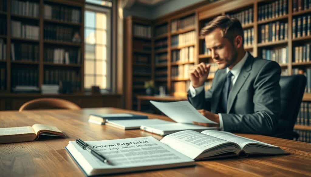 A modern legal office setting, featuring a large wooden desk with open law books, pens, and a notepad scattered with written notes on "Nichtigkeit von Rechtsgeschäften". In the background, shelves lined with legal texts and statutes, emphasizing the theme of legal regulations. A soft, warm light filters through a tall window, casting gentle shadows, creating a professional and contemplative atmosphere. A well-dressed lawyer, in a smart suit, is seated at the desk, deeply engaged in thought while examining a legal document. The scene is captured with a Sony A7R IV at 70mm, producing a clearly focused and sharply defined image, and utilizing a polarized filter to enhance the details and reduce glare. A modern legal office setting, featuring a large wooden desk with open law books, pens, and a notepad scattered with written notes on "Nichtigkeit von Rechtsgeschäften". In the background, shelves lined with legal texts and statutes, emphasizing the theme of legal regulations. A soft, warm light filters through a tall window, casting gentle shadows, creating a professional and contemplative atmosphere. A well-dressed lawyer, in a smart suit, is seated at the desk, deeply engaged in thought while examining a legal document. The scene is captured with a Sony A7R IV at 70mm, producing a clearly focused and sharply defined image, and utilizing a polarized filter to enhance the details and reduce glare.