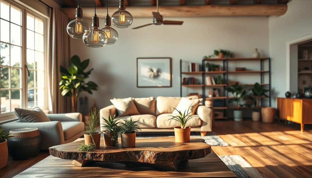 A modern living room showcasing sustainable lighting solutions, emphasizing energy-efficient LED fixtures and artistic pendant lights. In the foreground, a stylish coffee table made from reclaimed wood adorned with potted plants. The middle ground features a cozy seating area, with a sofa upholstered in eco-friendly fabric, and beams of warm, natural light filtering through large, energy-efficient windows. Soft shadows enhance the inviting ambiance. In the background, a wall-mounted bookshelf filled with eco-conscious design books and natural decor items. Capture the scene using a Sony A7R IV at 70mm, with sharp focus and clarity, enhanced by a polarized filter to accentuate the warm colors. The mood is serene and sustainable, reflecting modern living with an environmentally friendly touch.