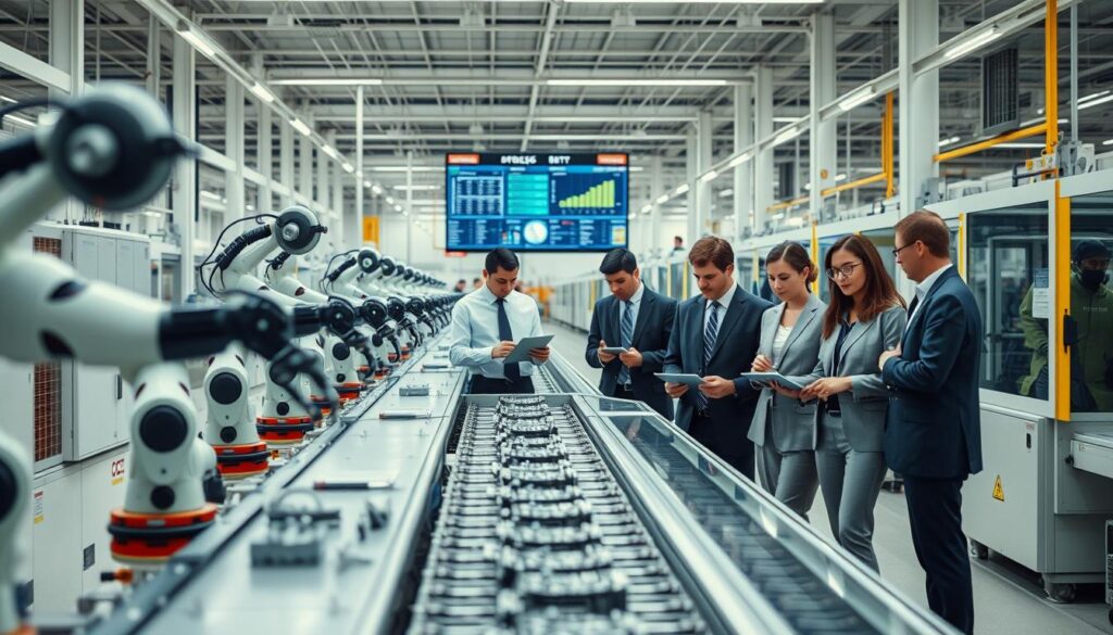 A modern manufacturing facility showcasing the transition to automation in production processes. In the foreground, robotic arms are precisely assembling components on a sleek assembly line. In the middle ground, diverse professionals in business attire are collaborating over digital tablets and monitoring screens displaying real-time data analytics. The background features rows of automated machines and a large digital scoreboard highlighting production metrics. The scene is illuminated by bright, even lighting that emphasizes the clean and efficient nature of the environment. The camera angle is slightly elevated, capturing the depth of the workspace. The atmosphere is dynamic and focused, illustrating the synergy between technology and human expertise in modern production. Shot on a Sony A7R IV 70mm, clearly focused, sharply defined, with a polarized filter to enhance the vibrant details.