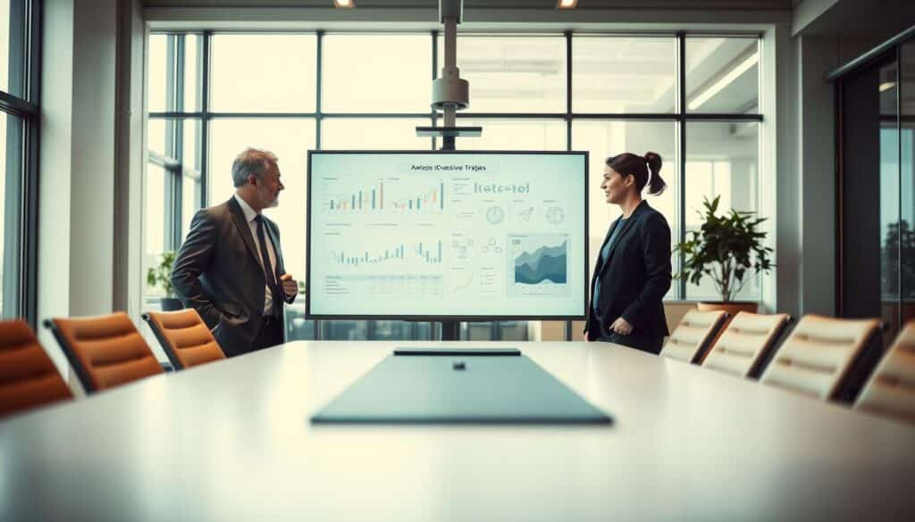 A modern office environment depicting professional executives engaged in effective communication. In the foreground, a diverse group of three executives—two men and one woman—standing around a sleek conference table, dressed in sharp business attire. The middle ground features a large digital screen displaying graphical data and a whiteboard filled with notes, emphasizing a collaborative strategy session. The background reveals a bright and airy workspace with large windows, allowing natural light to flood the room. Capture the mood of productivity and teamwork with soft, focused lighting, shot on a Sony A7R IV at 70mm for sharp details and clarity, enhanced by a polarized filter to reduce glare and enrich colors.