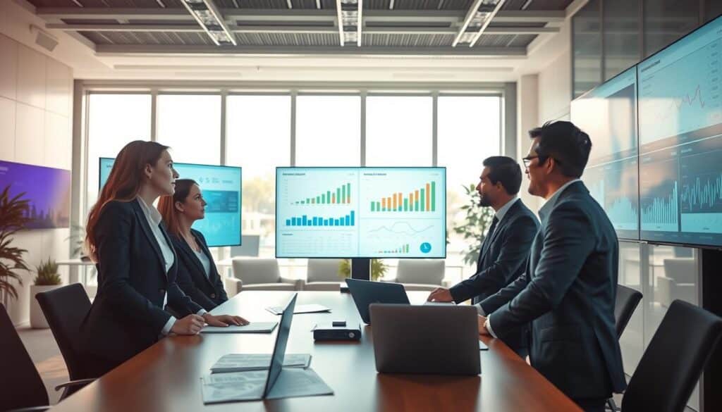 A modern office environment features a sleek, technologically advanced workspace dedicated to financial reporting and controlling. In the foreground, a diverse group of business professionals in smart attire—two women and two men—are engaged in a collaborative discussion over data analytics displayed on multiple digital screens. The screens show intricate graphs and charts related to performance metrics. In the middle ground, a large conference table is lined with financial reports and laptops. The background reveals a bright office with large windows allowing natural light to stream in, creating a warm and inviting atmosphere. The lighting is soft yet clear, enhancing the detail in the professionals' expressions. Shot on a Sony A7R IV at 70mm, the image is sharply defined with a polarized filter, emphasizing the clarity of the data being analyzed.