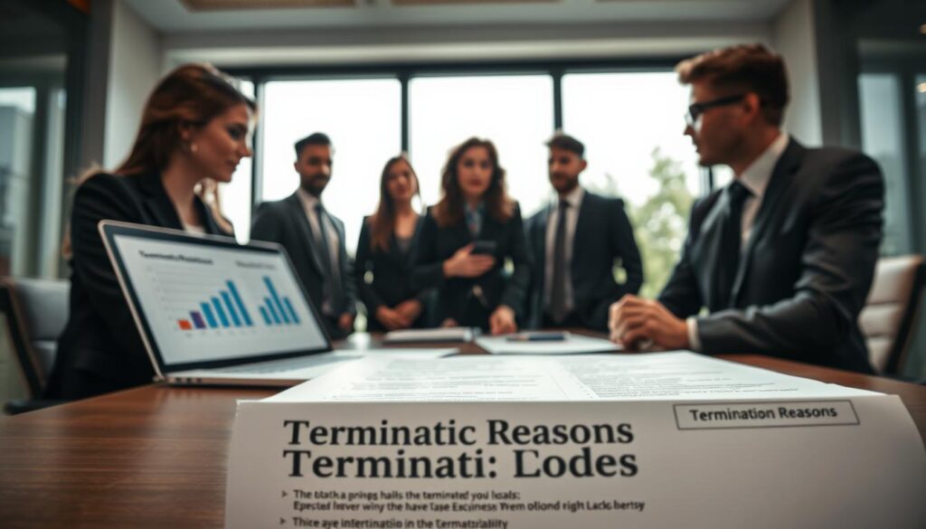A modern office environment featuring a close-up scene of a professional business meeting. In the foreground, a diverse group of three professionals, including a woman in a tailored black suit and two men in smart casual attire, are engaged in a serious discussion. They are surrounded by documents and a laptop displaying graphs and charts related to employment law. In the middle ground, an office conference table holds additional legal documents titled "Termination Reasons" with bullet points visible. The background showcases a large window with natural light pouring in, illuminating the room and creating a refined atmosphere. The mood is serious and focused, emphasizing the importance of understanding termination reasons in the workplace. Shot on Sony A7R IV, 70mm, clearly focused, sharply defined, with a polarized filter for a crisp, professional look.