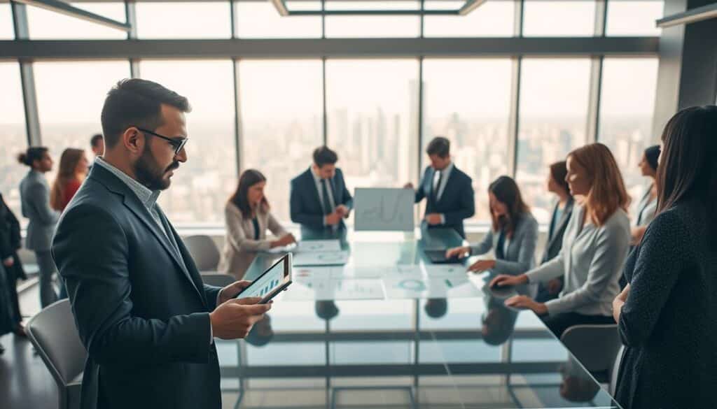A modern office environment filled with diverse professionals engaged in strategic discussions, embodying the essence of New Public Management’s future perspectives. In the foreground, a male and female professional, both dressed in smart business attire, are intently reviewing data on a sleek tablet. The middle ground features a large glass table surrounded by colleagues analyzing charts and digital whiteboards that display futuristic graphs and flowcharts. The background showcases a panoramic city skyline through expansive windows, symbolizing growth and innovation. Soft, natural light filters in, creating a bright, optimistic atmosphere. The scene is crisply captured using a Sony A7R IV at 70mm, with a polarized filter enhancing color clarity and sharpness. The composition evokes a sense of collaboration, progress, and forward-thinking.