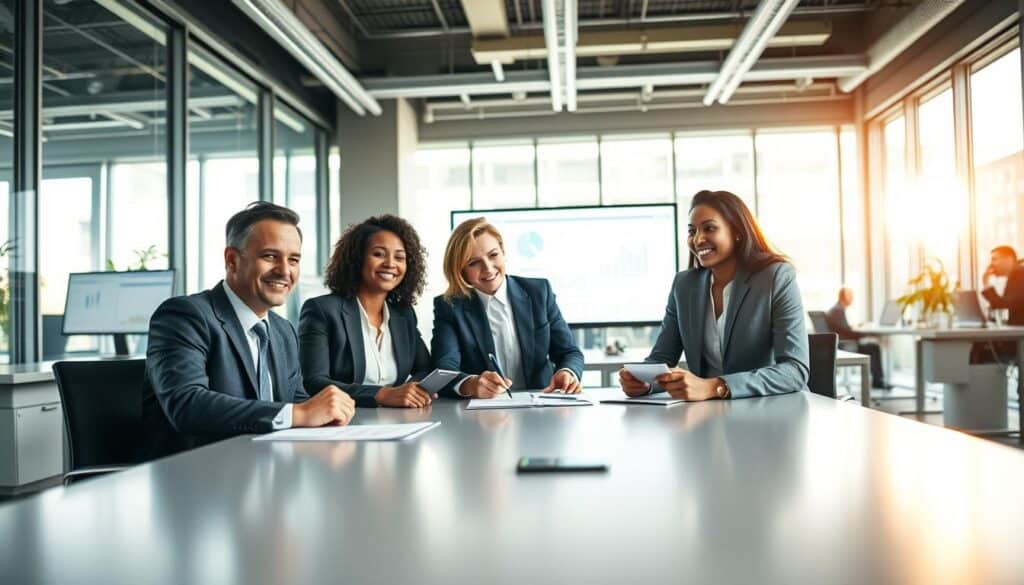 A modern office environment showcases effective workplace communication. In the foreground, a diverse group of three professionals, dressed in smart business attire, engage in a collaborative discussion around a sleek conference table. The middle layer features computer screens displaying graphs and notes, along with open notepads, emphasizing teamwork. In the background, bright office windows flood the space with natural light, creating an inviting atmosphere. The lighting is warm and uplifting, highlighting the expressions of focus and enthusiasm on the individuals’ faces, conveying a sense of teamwork and collaboration. The image is shot with a Sony A7R IV at 70mm, ensuring sharp focus and clear details, complemented by a polarized filter that enhances colors and contrast, creating a dynamic, professional mood.