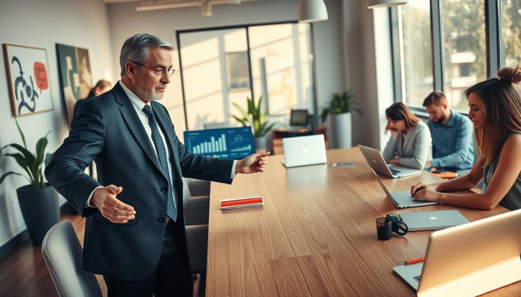 A modern office environment showcasing a diverse group of professionals engaged in discussions around a large conference table. In the foreground, a middle-aged man in a tailored suit points to a digital presentation displaying key performance indicators, while a young woman in smart casual attire takes notes, her expression focused. The middle ground features a large window with natural sunlight streaming in, illuminating plants and motivational artwork on the walls. In the background, other colleagues collaborate over laptops, highlighting teamwork and shared ideas. The mood is one of innovation and opportunity, with warm lighting that creates an inviting atmosphere. Captured with a Sony A7R IV at 70mm, the image is clearly focused and sharply defined, utilizing a polarized filter for enhanced clarity and contrast. A modern office environment showcasing a diverse group of professionals engaged in discussions around a large conference table. In the foreground, a middle-aged man in a tailored suit points to a digital presentation displaying key performance indicators, while a young woman in smart casual attire takes notes, her expression focused. The middle ground features a large window with natural sunlight streaming in, illuminating plants and motivational artwork on the walls. In the background, other colleagues collaborate over laptops, highlighting teamwork and shared ideas. The mood is one of innovation and opportunity, with warm lighting that creates an inviting atmosphere. Captured with a Sony A7R IV at 70mm, the image is clearly focused and sharply defined, utilizing a polarized filter for enhanced clarity and contrast.