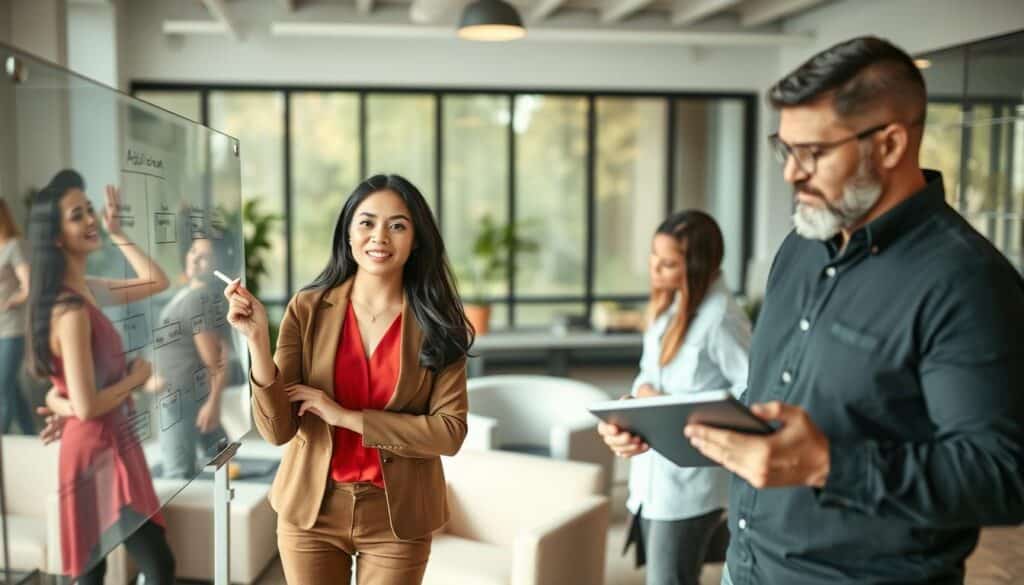 A modern office environment showcasing a diverse team of professionals engaged in an agile methodology brainstorming session. In the foreground, a confident woman of Asian descent explains a flowchart on a glass whiteboard, dressed in smart casual attire. To her right, a middle-aged man of African descent takes notes on a digital tablet, looking focused. In the background, a casual meeting area with plush chairs and a large window letting in soft natural light. The overall atmosphere is collaborative and vibrant, emphasizing creativity and innovation. The scene is shot with a Sony A7R IV at 70mm, ensuring crystal-clear focus and sharp details, enhanced by a polarized filter to accentuate bright colors and eliminate reflections. A modern office environment showcasing a diverse team of professionals engaged in an agile methodology brainstorming session. In the foreground, a confident woman of Asian descent explains a flowchart on a glass whiteboard, dressed in smart casual attire. To her right, a middle-aged man of African descent takes notes on a digital tablet, looking focused. In the background, a casual meeting area with plush chairs and a large window letting in soft natural light. The overall atmosphere is collaborative and vibrant, emphasizing creativity and innovation. The scene is shot with a Sony A7R IV at 70mm, ensuring crystal-clear focus and sharp details, enhanced by a polarized filter to accentuate bright colors and eliminate reflections.