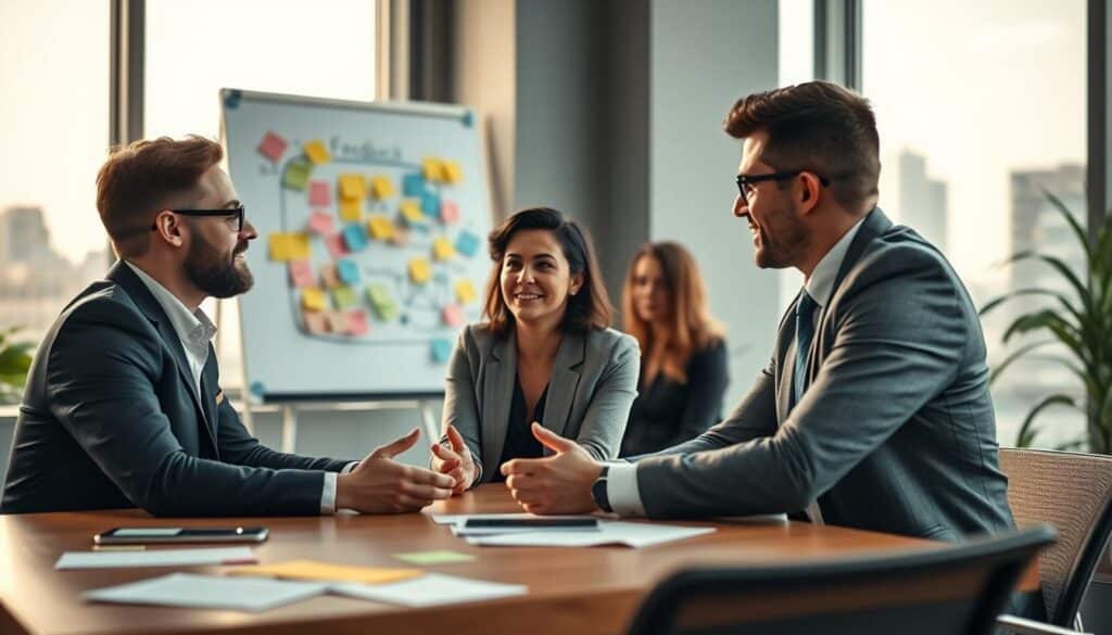 A modern office environment showcasing a vibrant feedback culture. In the foreground, a diverse group of three professionals, two men and one woman, engaged in a constructive discussion around a conference table. They are dressed in smart business attire, expressing open body language and positivity. In the middle ground, an inspiring whiteboard filled with colorful post-it notes and ideas illustrates collaboration. In the background, large windows reveal a cityscape, with soft daylight streaming in, creating an inviting atmosphere. The scene is shot with a Sony A7R IV at 70mm, emphasizing clarity and sharpness, using a polarized filter to enhance colors and contrast, evoking a sense of growth, teamwork, and professionalism. A modern office environment showcasing a vibrant feedback culture. In the foreground, a diverse group of three professionals, two men and one woman, engaged in a constructive discussion around a conference table. They are dressed in smart business attire, expressing open body language and positivity. In the middle ground, an inspiring whiteboard filled with colorful post-it notes and ideas illustrates collaboration. In the background, large windows reveal a cityscape, with soft daylight streaming in, creating an inviting atmosphere. The scene is shot with a Sony A7R IV at 70mm, emphasizing clarity and sharpness, using a polarized filter to enhance colors and contrast, evoking a sense of growth, teamwork, and professionalism.