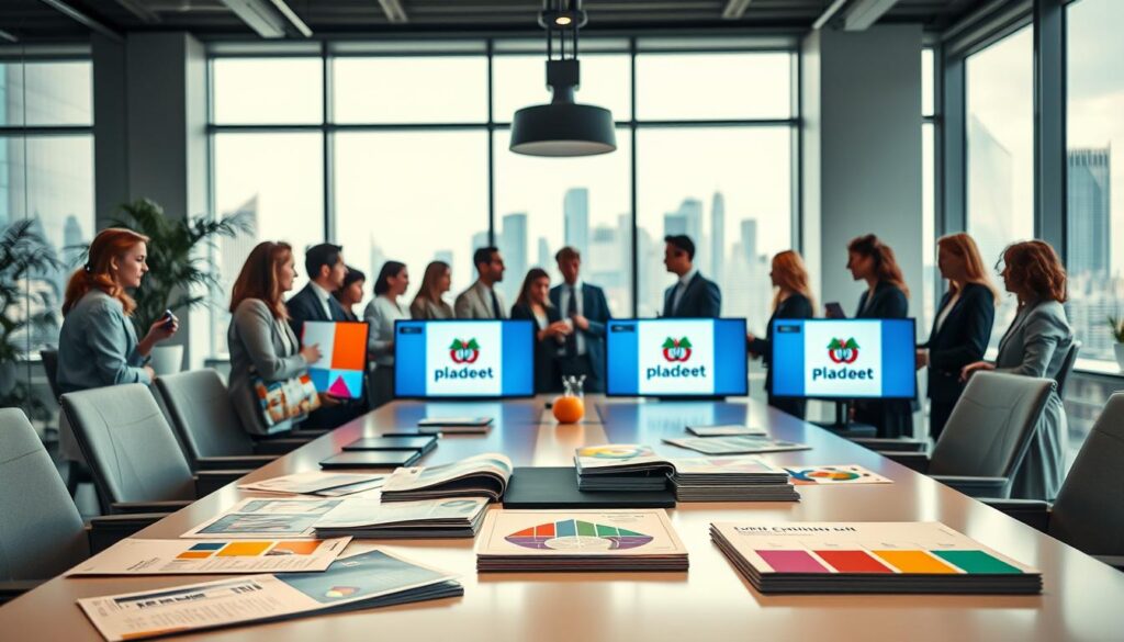 A modern office environment showcasing corporate identity elements. In the foreground, a sleek conference table is adorned with branded materials, including brochures and digital screens displaying color palettes and logos. In the middle, a diverse group of professionals in business attire, collaborating and discussing design concepts with passion, conveying a sense of teamwork and creativity. In the background, large windows flood the room with natural light, revealing a city skyline, symbolizing growth and innovation. The atmosphere is vibrant and inspiring, highlighting the importance of corporate design in brand recognition. Captured with a Sony A7R IV at 70mm, providing a clearly focused, sharply defined image with a polarized filter, enhancing the colors and textures throughout the scene. A modern office environment showcasing corporate identity elements. In the foreground, a sleek conference table is adorned with branded materials, including brochures and digital screens displaying color palettes and logos. In the middle, a diverse group of professionals in business attire, collaborating and discussing design concepts with passion, conveying a sense of teamwork and creativity. In the background, large windows flood the room with natural light, revealing a city skyline, symbolizing growth and innovation. The atmosphere is vibrant and inspiring, highlighting the importance of corporate design in brand recognition. Captured with a Sony A7R IV at 70mm, providing a clearly focused, sharply defined image with a polarized filter, enhancing the colors and textures throughout the scene.