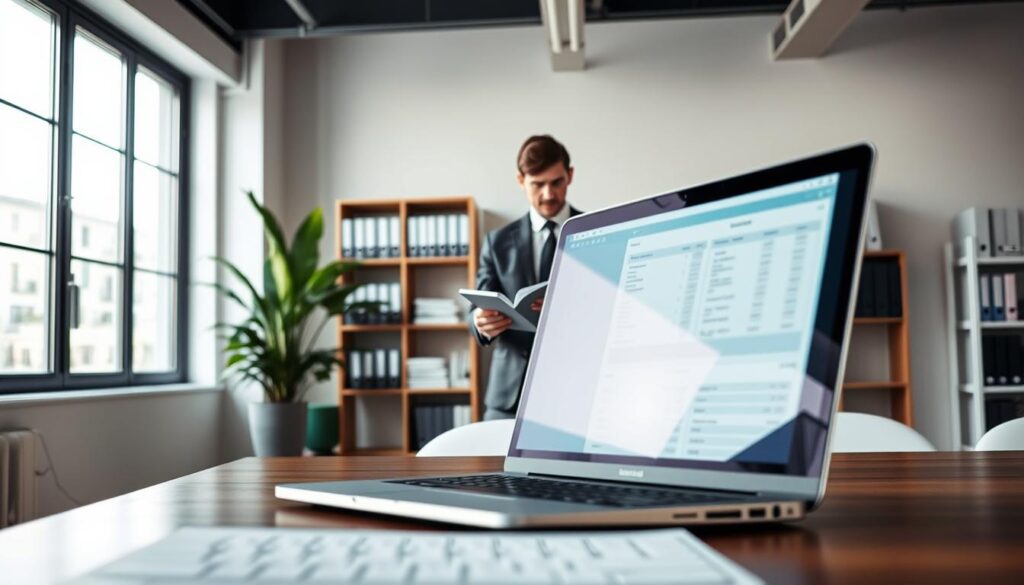 A modern office environment showcasing digital bookkeeping and document management. In the foreground, a sleek laptop open with accounting software visible, surrounded by neatly organized digital documents on a tablet. In the middle, a professional individual in smart business attire is reviewing digital invoices and receipts on a large screen. The background features a minimalist office space with shelves of organized files, a potted plant, and soft natural lighting filtering through large windows. Capture the image with a Sony A7R IV at 70mm, ensuring sharp focus and clarity, using a polarized filter to enhance the lighting and minimize glare. The atmosphere is professional and efficient, reflecting the principles of digital bookkeeping and record-keeping requirements.