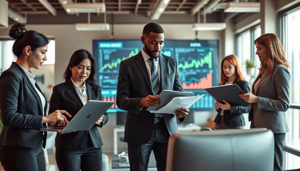 A modern office environment showcasing digital competencies in finance. In the foreground, a diverse group of three professionals in business attire, a woman of Asian descent analyzing data on a laptop, a man of African descent discussing financial charts on a tablet, and a Caucasian woman reviewing documents. The middle layer features a large digital screen displaying graphs and financial data, symbolizing technology in finance. In the background, sleek office furniture and contemporary decor, with large windows letting in natural light, creating a bright and professional atmosphere. The image is shot on a Sony A7R IV 70mm lens, clearly focused and sharply defined, with a polarized filter enhancing the colors and clarity. The mood is dynamic and collaborative, reflecting the importance of digital skills in the modern financial landscape. A modern office environment showcasing digital competencies in finance. In the foreground, a diverse group of three professionals in business attire, a woman of Asian descent analyzing data on a laptop, a man of African descent discussing financial charts on a tablet, and a Caucasian woman reviewing documents. The middle layer features a large digital screen displaying graphs and financial data, symbolizing technology in finance. In the background, sleek office furniture and contemporary decor, with large windows letting in natural light, creating a bright and professional atmosphere. The image is shot on a Sony A7R IV 70mm lens, clearly focused and sharply defined, with a polarized filter enhancing the colors and clarity. The mood is dynamic and collaborative, reflecting the importance of digital skills in the modern financial landscape.