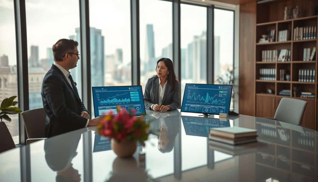A modern office environment showcasing effective data management practices. In the foreground, a diverse group of three professionals in business attire are engaged in a discussion around a sleek, high-tech table with digital screens displaying data analytics and charts. The middle ground features large glass windows revealing a bustling cityscape, subtly hinting at economic activity outside. In the background, there are shelves with books on data security and management, reinforcing the theme of trust in data. Soft, natural lighting illuminates the scene, creating an inviting atmosphere, with a slight focus blur on the background to emphasize the professionals. Shot on a Sony A7R IV with a 70mm lens, ensuring crisp details and a vibrant color palette, conveying a sense of innovation and collaboration.