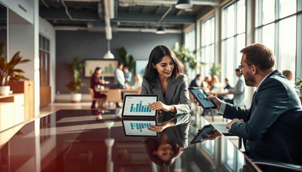 A modern office environment showcasing internal communication. In the foreground, a professional woman in business attire is discussing with a colleague at a sleek, glass conference table, pointing at a digital tablet displaying graphs and charts. The middle of the image features an open office space with diverse employees engaged in discussions and teamwork, surrounded by modern decor and greenery. In the background, large windows let in natural light, creating a warm and inviting atmosphere. The image should have a clean, organized feel, with a focus on collaboration and information flow, shot with a Sony A7R IV at 70mm, clearly focused, sharply defined, using a polarized filter to enhance the lighting. The overall mood should be inspirational and dynamic.