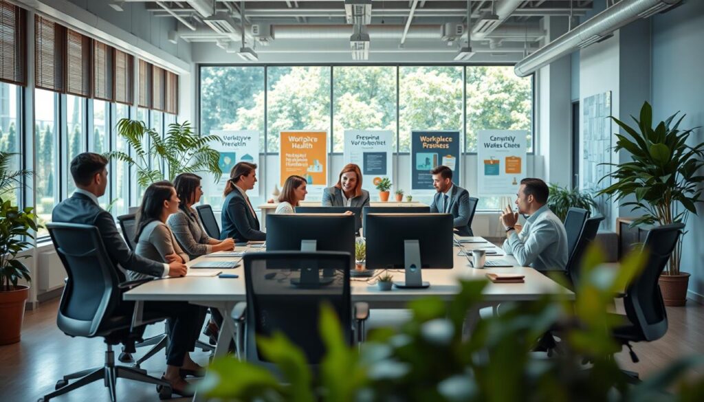 A modern office environment showcasing preventive measures for workplace design. In the foreground, a diverse group of professionals in business attire collaborates around a well-organized conference table, with ergonomic chairs and adjustable screens. The middle ground features a bright, open space filled with natural light, large windows, and greenery, promoting a positive atmosphere. In the background, a soothing color palette of blues and greens enhances the setting, with inspirational posters about workplace health. The image should have a warm and inviting mood, captured using a Sony A7R IV at 70mm, sharply focused with a polarized filter, emphasizing the details and clarity of the scene. A modern office environment showcasing preventive measures for workplace design. In the foreground, a diverse group of professionals in business attire collaborates around a well-organized conference table, with ergonomic chairs and adjustable screens. The middle ground features a bright, open space filled with natural light, large windows, and greenery, promoting a positive atmosphere. In the background, a soothing color palette of blues and greens enhances the setting, with inspirational posters about workplace health. The image should have a warm and inviting mood, captured using a Sony A7R IV at 70mm, sharply focused with a polarized filter, emphasizing the details and clarity of the scene.