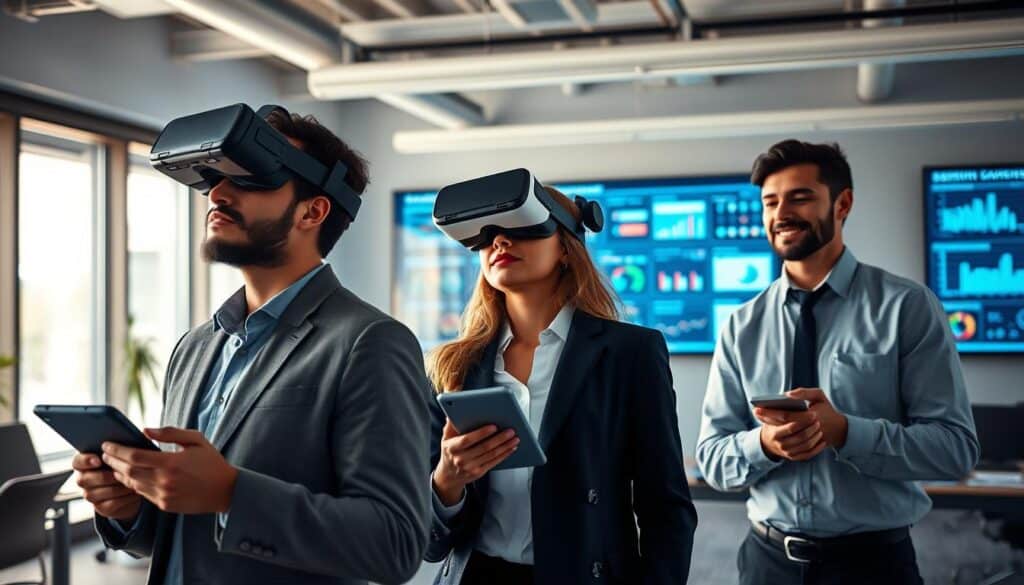 A modern office environment showcasing professionals engaged with various technologies. In the foreground, a diverse group of three colleagues—two men and one woman—are experimenting with virtual reality headsets and tablets, wearing smart, casual business attire. In the middle ground, there's a large digital screen displaying innovative software dashboards and data analytics. The background features a sleek, contemporary workspace with a mix of tech gadgets like laptops and smart boards, bathed in soft, natural lighting. The overall mood is vibrant and collaborative, emphasizing the exploration of new technologies. The image is shot on a Sony A7R IV at 70mm, capturing sharp details and vivid colors, enhanced by a polarized filter for clarity. A modern office environment showcasing professionals engaged with various technologies. In the foreground, a diverse group of three colleagues—two men and one woman—are experimenting with virtual reality headsets and tablets, wearing smart, casual business attire. In the middle ground, there's a large digital screen displaying innovative software dashboards and data analytics. The background features a sleek, contemporary workspace with a mix of tech gadgets like laptops and smart boards, bathed in soft, natural lighting. The overall mood is vibrant and collaborative, emphasizing the exploration of new technologies. The image is shot on a Sony A7R IV at 70mm, capturing sharp details and vivid colors, enhanced by a polarized filter for clarity.