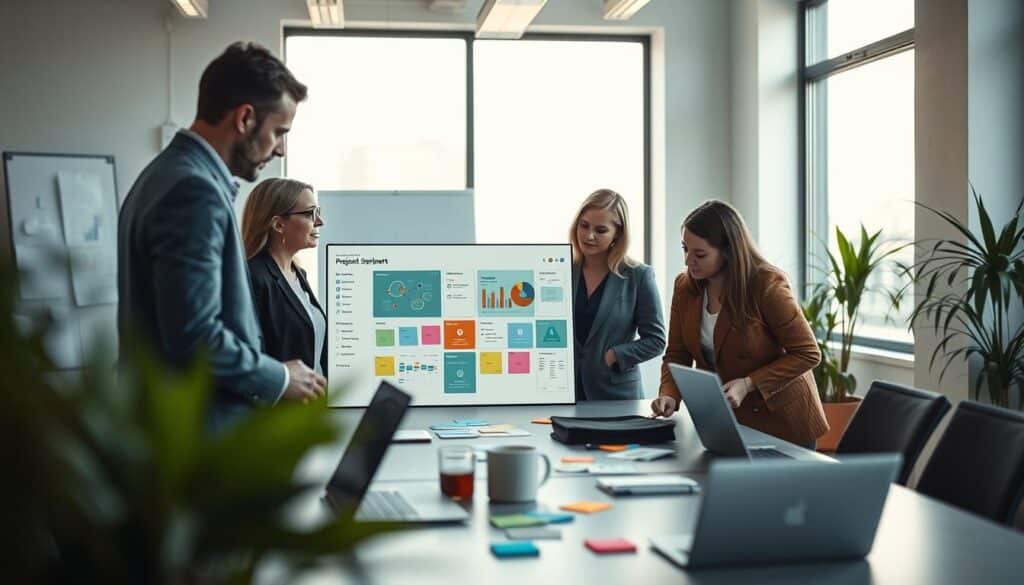 A modern office environment showcasing teamwork and collaboration tools. In the foreground, a diverse group of four professionals—two men and two women, all dressed in smart business attire—are engaged in a discussion around a large digital tablet displaying a collaborative project dashboard. The middle ground features a sleek conference table with laptops, colorful sticky notes, and a whiteboard filled with ideas and charts. In the background, large windows let in natural light, illuminating the space with a warm atmosphere, and plants provide a touch of greenery. The image is captured in sharp focus with a Sony A7R IV at 70mm, using a polarized filter to enhance colors and contrast, conveying a sense of productivity and professionalism.