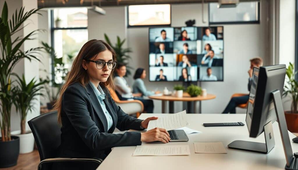 A modern office environment showcasing the challenges of hybrid work. In the foreground, a professional woman in business attire, sitting at a sleek desk with a laptop open, looking slightly overwhelmed as she juggles virtual meetings on her computer and paper documents. In the middle ground, a diverse team of professionals engaged in a video conference on a large screen, expressing various emotions—frustration, confusion, and focus. In the background, a casual yet stylish workspace with plants and large windows, allowing natural light to filter in, creating a warm atmosphere. The scene is shot with a Sony A7R IV at 70mm, using a polarized filter for clarity and sharp focus, highlighting the intricate details and emotions involved in hybrid working challenges. A modern office environment showcasing the challenges of hybrid work. In the foreground, a professional woman in business attire, sitting at a sleek desk with a laptop open, looking slightly overwhelmed as she juggles virtual meetings on her computer and paper documents. In the middle ground, a diverse team of professionals engaged in a video conference on a large screen, expressing various emotions—frustration, confusion, and focus. In the background, a casual yet stylish workspace with plants and large windows, allowing natural light to filter in, creating a warm atmosphere. The scene is shot with a Sony A7R IV at 70mm, using a polarized filter for clarity and sharp focus, highlighting the intricate details and emotions involved in hybrid working challenges.