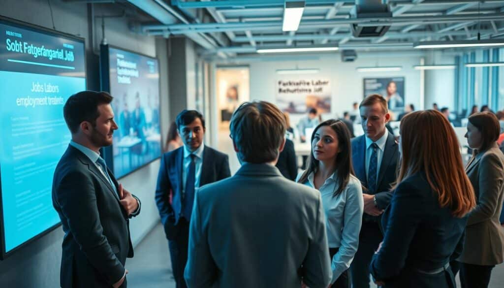 A modern office environment showcasing the impact of skilled labor shortages (Fachkräftemangel) on jobhopping in Germany. In the foreground, a diverse group of professionals in business attire engage in a discussion, looking concerned yet proactive. In the middle, a large digital display highlights job vacancies and employment trends, casting a soft blue light. In the background, an open-plan office features a mix of busy employees working at desks and a recruitment poster about job opportunities. The lighting is bright and inviting, creating an atmosphere of urgency and opportunity. Shot on Sony A7R IV with a 70mm lens, the focus is sharp with finely defined details, and a polarized filter enhances the clarity and vibrancy of the scene. The overall mood conveys a sense of challenge and potential. A modern office environment showcasing the impact of skilled labor shortages (Fachkräftemangel) on jobhopping in Germany. In the foreground, a diverse group of professionals in business attire engage in a discussion, looking concerned yet proactive. In the middle, a large digital display highlights job vacancies and employment trends, casting a soft blue light. In the background, an open-plan office features a mix of busy employees working at desks and a recruitment poster about job opportunities. The lighting is bright and inviting, creating an atmosphere of urgency and opportunity. Shot on Sony A7R IV with a 70mm lens, the focus is sharp with finely defined details, and a polarized filter enhances the clarity and vibrancy of the scene. The overall mood conveys a sense of challenge and potential.