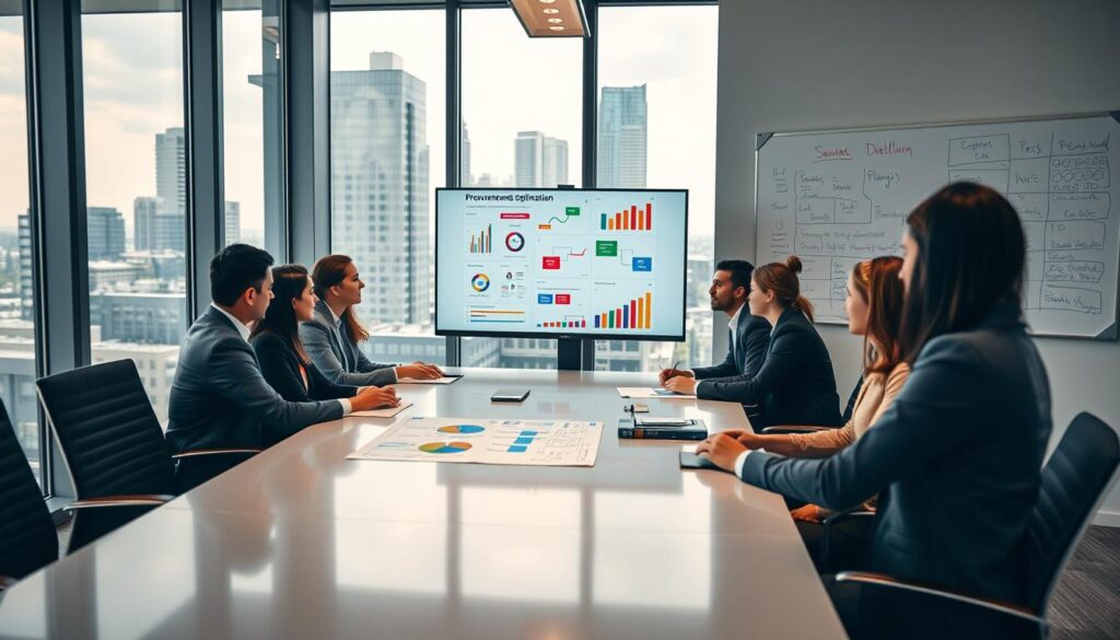 A modern office environment showcasing the theme of procurement process optimization. In the foreground, a diverse group of professionals in business attire are engaged in a collaborative meeting around a sleek conference table. They are analyzing colorful flowcharts and graphs displayed on a digital screen, illustrating efficiency strategies. In the middle ground, a large window allows natural light to flood in, revealing a cityscape that conveys a sense of urgency and progress. The background features a whiteboard filled with notes and diagrams, symbolizing brainstorming and innovation. Capture the scene with a Sony A7R IV at 70mm, using a polarized filter for clarity and vibrance. The mood is focused and dynamic, emphasizing teamwork and strategic thinking in a contemporary workspace. A modern office environment showcasing the theme of procurement process optimization. In the foreground, a diverse group of professionals in business attire are engaged in a collaborative meeting around a sleek conference table. They are analyzing colorful flowcharts and graphs displayed on a digital screen, illustrating efficiency strategies. In the middle ground, a large window allows natural light to flood in, revealing a cityscape that conveys a sense of urgency and progress. The background features a whiteboard filled with notes and diagrams, symbolizing brainstorming and innovation. Capture the scene with a Sony A7R IV at 70mm, using a polarized filter for clarity and vibrance. The mood is focused and dynamic, emphasizing teamwork and strategic thinking in a contemporary workspace.