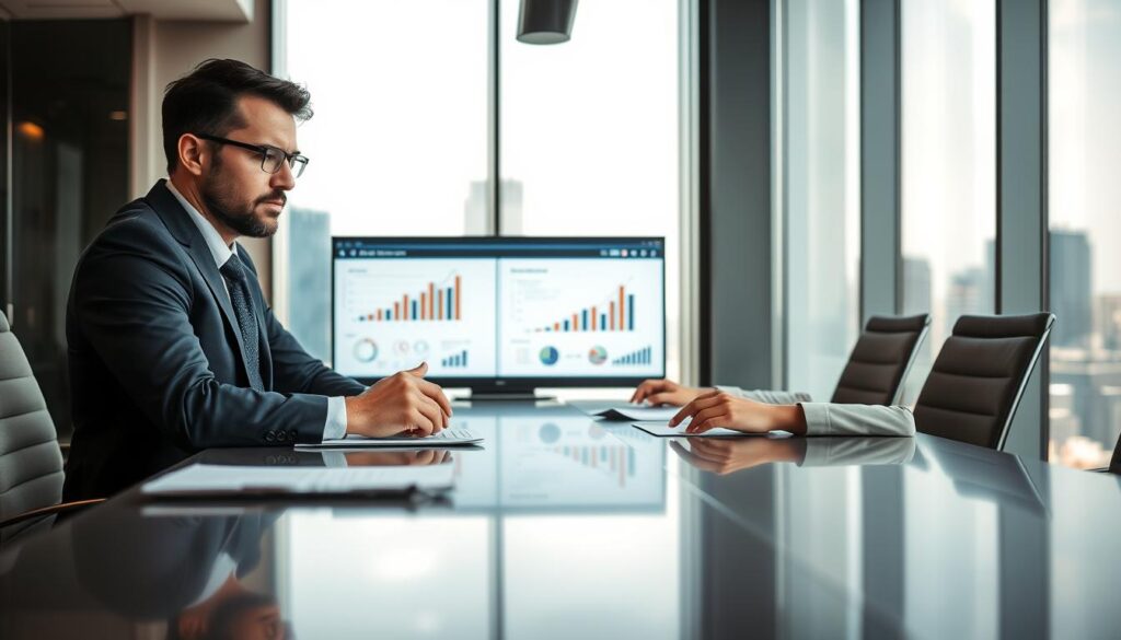 A modern office environment where two professionals, a man and a woman, are seated at a sleek conference table, engaged in a dynamic discussion about balancing efficiency and innovation. The foreground features detailed expressions of focus and collaboration on their faces, dressed in professional business attire. In the middle, digital screens display graphs and creative ideas, blending elements of both traditional and modern business strategies. The background showcases large windows with a cityscape, hinting at a vibrant corporate world outside. The lighting is bright and natural, enhancing clarity and focus, shot on a Sony A7R IV with a 70mm lens, sharply defined and vibrant colors through a polarized filter. The mood is one of collaboration and forward-thinking. A modern office environment where two professionals, a man and a woman, are seated at a sleek conference table, engaged in a dynamic discussion about balancing efficiency and innovation. The foreground features detailed expressions of focus and collaboration on their faces, dressed in professional business attire. In the middle, digital screens display graphs and creative ideas, blending elements of both traditional and modern business strategies. The background showcases large windows with a cityscape, hinting at a vibrant corporate world outside. The lighting is bright and natural, enhancing clarity and focus, shot on a Sony A7R IV with a 70mm lens, sharply defined and vibrant colors through a polarized filter. The mood is one of collaboration and forward-thinking.