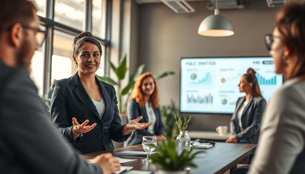 A modern office environment with a diverse group of professionals engaged in a public relations meeting. In the foreground, a confident woman in a smart business suit presents an idea to her colleagues, who are attentively listening, showcasing collaboration. In the middle ground, a large screen displays a visual representation of PR strategies and social media analytics, symbolizing their outreach efforts. In the background, modern decor with plants and a large window allowing natural light to flood the space, creating an inviting atmosphere. The scene is shot with a Sony A7R IV 70mm lens, tightly focused to capture expressions and details clearly, ensuring a sharp and professional look. The tone is optimistic and dynamic, embodying teamwork and innovation in the field of public relations.