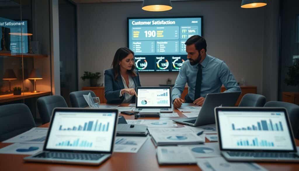 A modern office environment with two professionals, a woman and a man, engaged in a focused discussion around a large table covered in data reports and digital devices. In the foreground, display the open laptops showing various graphs and data visualizations, hinting at customer data insights. In the middle, the professionals, dressed in business attire, are analyzing the information, pointing at the screens, embodying collaboration and personalization in service. In the background, a sleek digital display board shows customer satisfaction metrics, glowing softly in ambient lighting. Capture this scene with a Sony A7R IV at 70mm, ensuring a sharply defined focus on the professionals while maintaining a warm, engaging atmosphere that conveys innovation and customer-centric service delivery, enhanced with a polarized filter to minimize glare.