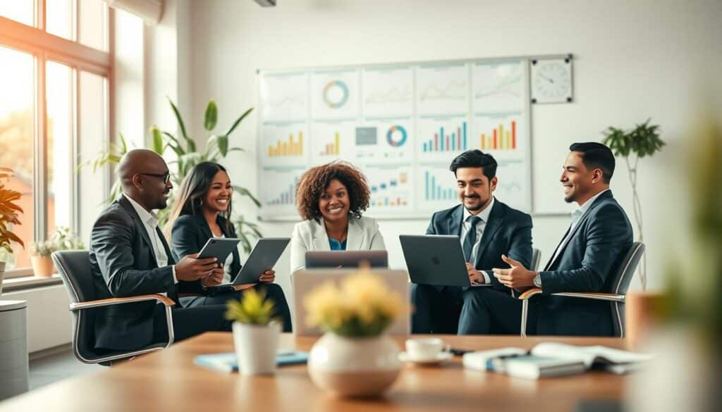 A modern office scene depicting successful hybrid work implementation. In the foreground, a diverse group of professionals in business attire engage in a video conference, using laptops and tablets, showcasing collaboration. The middle layer features a stylish office with ergonomic furniture, bright indoor plants, and a large window allowing natural light to create an airy atmosphere. In the background, a whiteboard filled with colorful graphs and charts illustrates productivity metrics. The lighting is soft and inviting, with a focus on warm tones to evoke a sense of comfort and productivity. Shot on Sony A7R IV with a 70mm lens, ensuring sharp detail and clarity while using a polarized filter for enhanced color vibrancy. The overall mood conveys teamwork, innovation, and a balanced work-life approach. A modern office scene depicting successful hybrid work implementation. In the foreground, a diverse group of professionals in business attire engage in a video conference, using laptops and tablets, showcasing collaboration. The middle layer features a stylish office with ergonomic furniture, bright indoor plants, and a large window allowing natural light to create an airy atmosphere. In the background, a whiteboard filled with colorful graphs and charts illustrates productivity metrics. The lighting is soft and inviting, with a focus on warm tones to evoke a sense of comfort and productivity. Shot on Sony A7R IV with a 70mm lens, ensuring sharp detail and clarity while using a polarized filter for enhanced color vibrancy. The overall mood conveys teamwork, innovation, and a balanced work-life approach.