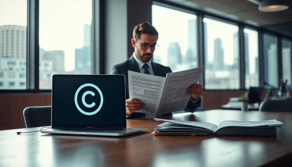 A modern office setting, featuring a sleek wooden desk with a laptop displaying a digital copyright symbol. In the foreground, elegant copyright-related documents are neatly arranged beside the laptop. The middle ground highlights a professional-looking individual in a smart business suit, examining a printed copy of the article with focused intent. Behind them, large windows let in soft, natural light, creating a warm atmosphere. The background displays a blurred view of city skyscrapers, hinting at a bustling urban environment. The overall mood is one of professionalism and diligence, capturing the essence of today's application of copyright notices. Shot on Sony A7R IV with a 70mm lens, ensuring crisp focus and beautiful depth of field using a polarized filter.