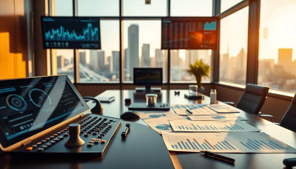 A modern office setting featuring various controlling instruments used in business management. In the foreground, a sleek, sophisticated dashboard displaying real-time data analytics on digital screens. The middle ground includes a conference table adorned with financial reports, strategic plans, and graphs illustrating performance metrics, all arranged neatly. In the background, large windows reveal a city skyline to convey a sense of progress and innovation, bathed in warm, natural lighting. The atmosphere evokes professionalism and focus, with a carefully organized layout emphasizing clarity and purpose. Shot on a Sony A7R IV at 70mm, achieving a sharply defined focus and enhanced vibrancy through a polarized filter.