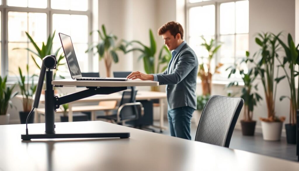 A modern office setting focused on ergonomic desk height adjustment. In the foreground, a sleek, adjustable-height desk is displayed, showcasing its mechanism for height change. A comfortable, stylish office chair sits beside it, designed for optimal lumbar support. In the middle ground, a focused professional, dressed in smart casual attire, is adjusting the desk height with a digital display visible. The background features a bright workspace filled with plants and soft natural light streaming through large windows, promoting a productive atmosphere. The image is captured with a Sony A7R IV at 70mm, ensuring sharp focus on the desk and the individual while creating a warm, inviting ambiance.