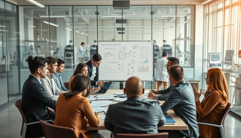 A modern office setting portraying collaboration between small and medium-sized enterprises (SMEs) and research institutions. In the foreground, a diverse group of professionals in business attire engages in a brainstorming session around a large table scattered with documents and digital devices. In the middle ground, a large whiteboard displays complex diagrams and graphs. The background features glass walls revealing a bustling research lab with scientists examining experiments and working on high-tech equipment. Soft, natural lighting highlights the dynamic atmosphere, with the lens capturing sharp details and vibrant colors. The image conveys a sense of innovation, teamwork, and forward-thinking energy, showcasing the importance of collaboration in fostering creativity and growth. Shot with a Sony A7R IV, 70mm, using a polarized filter for clarity. A modern office setting portraying collaboration between small and medium-sized enterprises (SMEs) and research institutions. In the foreground, a diverse group of professionals in business attire engages in a brainstorming session around a large table scattered with documents and digital devices. In the middle ground, a large whiteboard displays complex diagrams and graphs. The background features glass walls revealing a bustling research lab with scientists examining experiments and working on high-tech equipment. Soft, natural lighting highlights the dynamic atmosphere, with the lens capturing sharp details and vibrant colors. The image conveys a sense of innovation, teamwork, and forward-thinking energy, showcasing the importance of collaboration in fostering creativity and growth. Shot with a Sony A7R IV, 70mm, using a polarized filter for clarity.