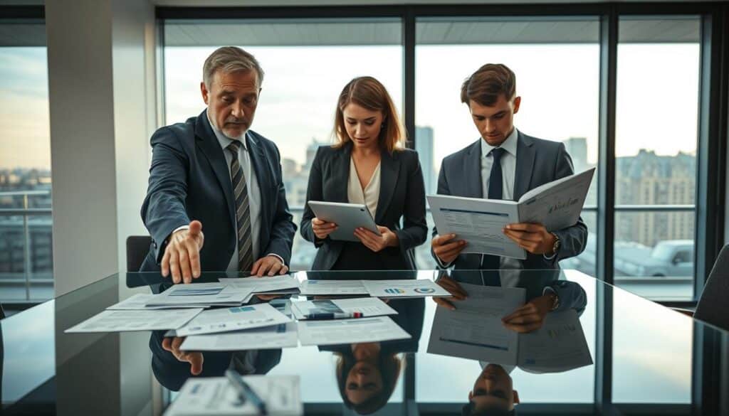 A modern office setting representing "Finanzierung SE", featuring a diverse group of three business professionals engaged in a focused discussion. In the foreground, a middle-aged man in a tailored suit gestures towards financial documents spread across a sleek glass conference table. In the middle ground, a woman in a smart blazer examines a tablet, while a young professional flips through a portfolio, showcasing charts and graphs of financial data. The background includes a large window with a city skyline view, allowing natural light to flood the room, enhanced by soft artificial lighting. The atmosphere is serious yet collaborative, emphasizing the financial aspects of establishing a European Company (SE). Captured with a Sony A7R IV at 70mm, the image is sharply defined and clearly focused with a polarized filter for vibrant details. A modern office setting representing "Finanzierung SE", featuring a diverse group of three business professionals engaged in a focused discussion. In the foreground, a middle-aged man in a tailored suit gestures towards financial documents spread across a sleek glass conference table. In the middle ground, a woman in a smart blazer examines a tablet, while a young professional flips through a portfolio, showcasing charts and graphs of financial data. The background includes a large window with a city skyline view, allowing natural light to flood the room, enhanced by soft artificial lighting. The atmosphere is serious yet collaborative, emphasizing the financial aspects of establishing a European Company (SE). Captured with a Sony A7R IV at 70mm, the image is sharply defined and clearly focused with a polarized filter for vibrant details.