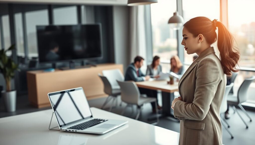 A modern office setting showcasing a businesswoman in professional attire, standing confidently in the foreground with a laptop open on a sleek desk. She is engaged in a virtual meeting, representing the concept of "Vertretung" or representation in business. In the middle ground, a diverse team of colleagues is visible, collaborating around a conference table, analyzing documents and discussing strategies. The background features a large window with cityscape views, allowing soft natural light to illuminate the scene. The composition is shot on a Sony A7R IV with a 70mm lens, ensuring sharp focus and well-defined details. The atmosphere is professional yet dynamic, emphasizing teamwork and effective communication in the business world, without any text or embellishments. A modern office setting showcasing a businesswoman in professional attire, standing confidently in the foreground with a laptop open on a sleek desk. She is engaged in a virtual meeting, representing the concept of "Vertretung" or representation in business. In the middle ground, a diverse team of colleagues is visible, collaborating around a conference table, analyzing documents and discussing strategies. The background features a large window with cityscape views, allowing soft natural light to illuminate the scene. The composition is shot on a Sony A7R IV with a 70mm lens, ensuring sharp focus and well-defined details. The atmosphere is professional yet dynamic, emphasizing teamwork and effective communication in the business world, without any text or embellishments.