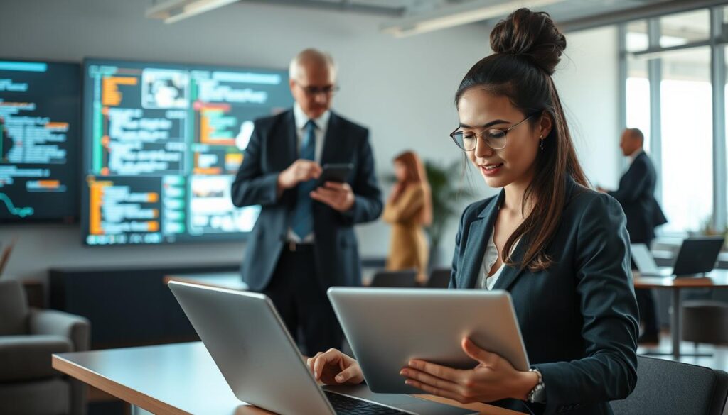 A modern office setting showcasing a diverse group of professionals actively engaged in technology-related tasks. In the foreground, a young woman in smart business attire is intently working on a laptop, her expression focused and enthusiastic. In the middle ground, a middle-aged man, also dressed in business attire, is explaining a complex IT concept to a colleague, while a digital screen displays data and coding elements behind them. The background features sleek office furniture and a large window with natural light flooding in, creating an inviting atmosphere. Shot on a Sony A7R IV at 70mm, with a polarized filter to enhance the clarity and vibrancy of the scene. The overall mood is one of collaboration, innovation, and enthusiasm for technology. A modern office setting showcasing a diverse group of professionals actively engaged in technology-related tasks. In the foreground, a young woman in smart business attire is intently working on a laptop, her expression focused and enthusiastic. In the middle ground, a middle-aged man, also dressed in business attire, is explaining a complex IT concept to a colleague, while a digital screen displays data and coding elements behind them. The background features sleek office furniture and a large window with natural light flooding in, creating an inviting atmosphere. Shot on a Sony A7R IV at 70mm, with a polarized filter to enhance the clarity and vibrancy of the scene. The overall mood is one of collaboration, innovation, and enthusiasm for technology.