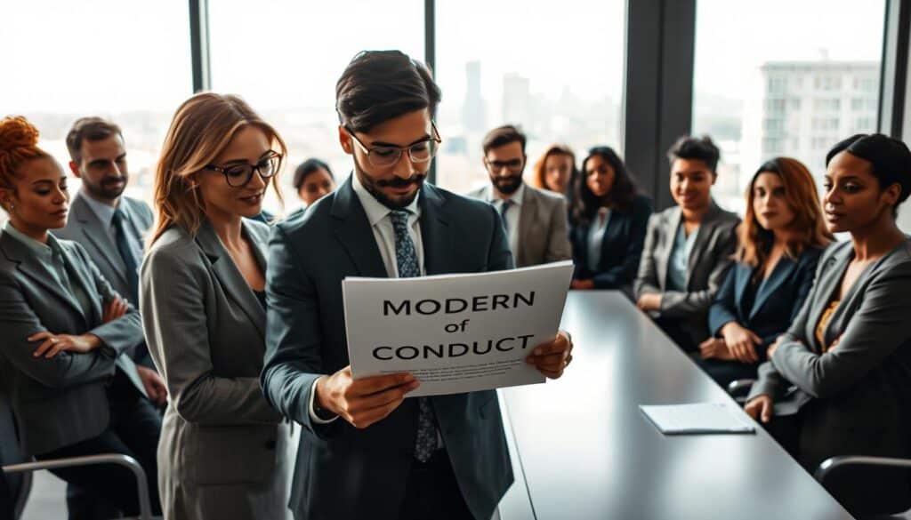 A modern office setting showcasing a diverse group of professionals engaged in a vibrant discussion about a Code of Conduct. In the foreground, a well-dressed woman and a man in business attire are examining a document titled "Modern Code of Conduct," with a digital tablet and notes in front of them. The middle layer features a large, sleek conference table surrounded by attentive colleagues of varied ethnicities and genders, emphasizing collaboration and inclusivity. The background highlights a modern cityscape view through large windows, with soft natural light illuminating the room, creating a clear and focused atmosphere. The image should convey professionalism, unity, and a commitment to ethical guidelines. Shot with a Sony A7R IV at 70mm, ensuring a sharply defined, polished look with a polarized filter for enhanced clarity and color vibrancy.