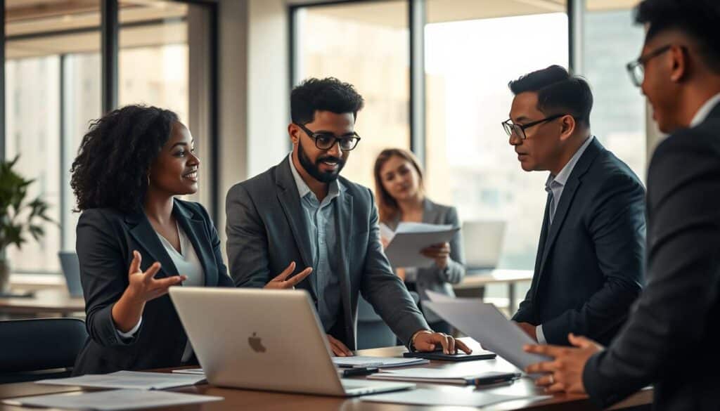 A modern office setting showcasing a diverse group of professionals engaged in effective communication. In the foreground, a confident Black woman in a smart blazer discusses ideas passionately with a Hispanic man wearing glasses, leaning over a table with documents and laptops. In the middle background, a Caucasian woman is taking notes while a Southeast Asian man gestures, illustrating collaboration. The office features large windows allowing natural light to flood in, enhancing the warm and productive atmosphere. Soft shadows add depth and contrast to the scene. Shot with a Sony A7R IV at 70mm, ensuring sharp focus on the subjects with a polarized filter for rich color and clarity, creating a sense of vitality and engagement in the workspace.