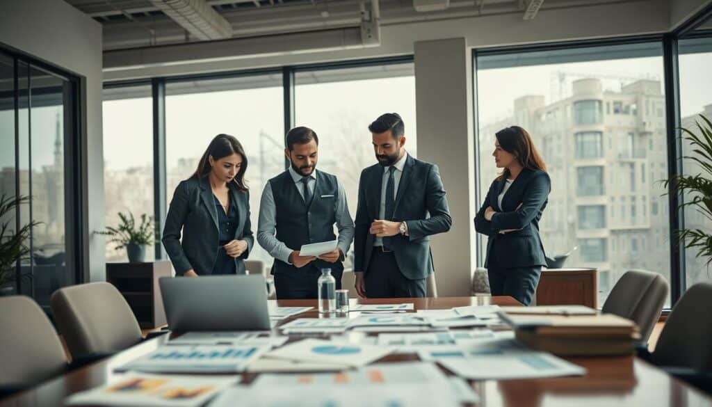 A modern office setting showcasing the concept of "Kapital OHG." In the foreground, a diverse group of three professionals in business attire—a woman in a tailored suit, a man in a crisp dress shirt, and a person in smart casual wear—are engaged in discussions over financial documents and a laptop. In the middle ground, an elegant conference table is strewn with charts, graphs, and investment reports, hinting at the financial strategies of an open trading partnership. The background features large windows allowing natural light to filter in, casting soft shadows. The atmosphere is collaborative and focused, emphasizing teamwork and financial acumen. The scene is captured using a Sony A7R IV at 70mm, with a polarized filter that enhances clarity and saturation.